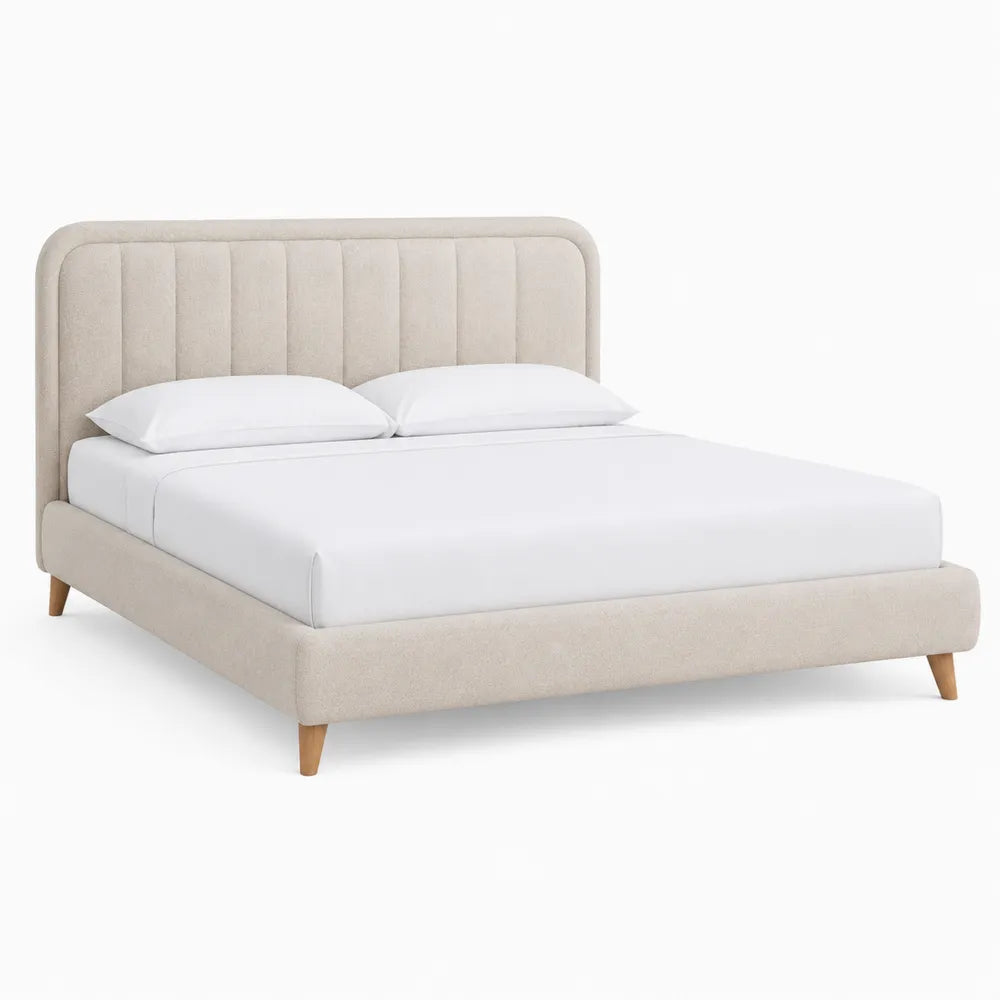 Letto matrimoniale 160 x 200 cm in MDF rivestito effetto lino beige con testiera imbottita e rete a doghe