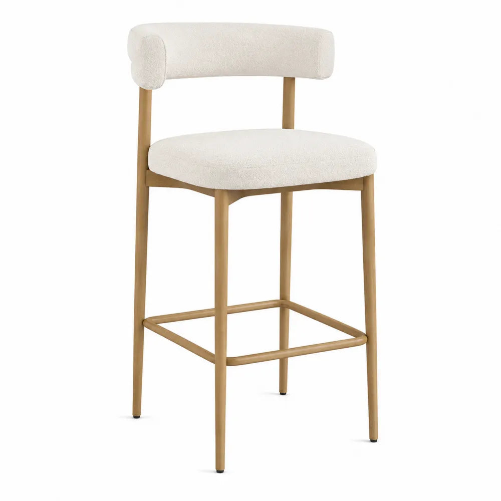 Sgabello da bar con schienale imbottito tessuto bouclé struttura in legno massello gambe in legno poggiapiedi in metallo dorato 95 cm x 45 cm x 50 cm beige legno naturale oro