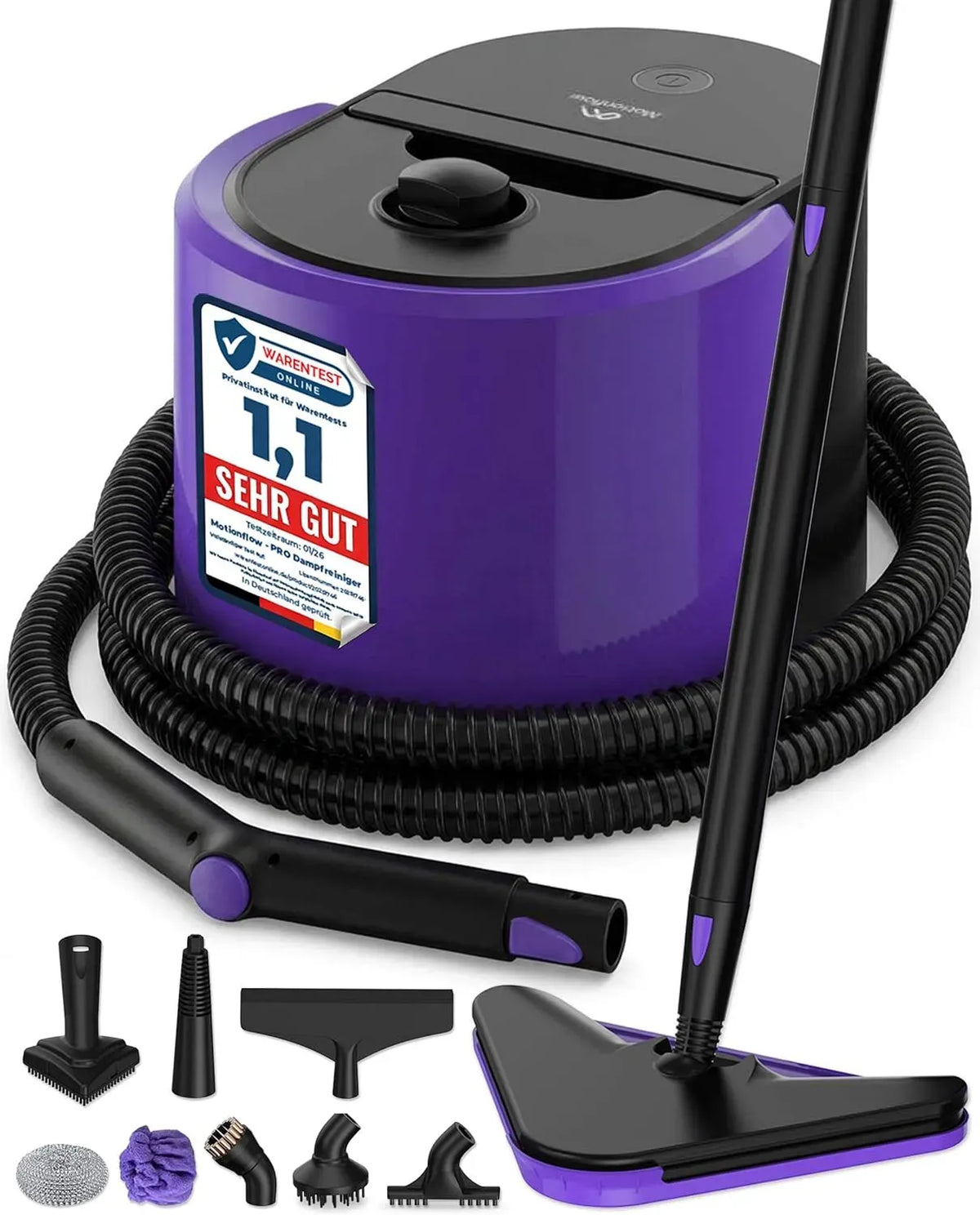 Pulitore a vapore, 1500 W, acciaio inox, uso su pavimenti, cucina, auto, finestre e divano, spazzola a vapore con 16 accessori, tappeti
