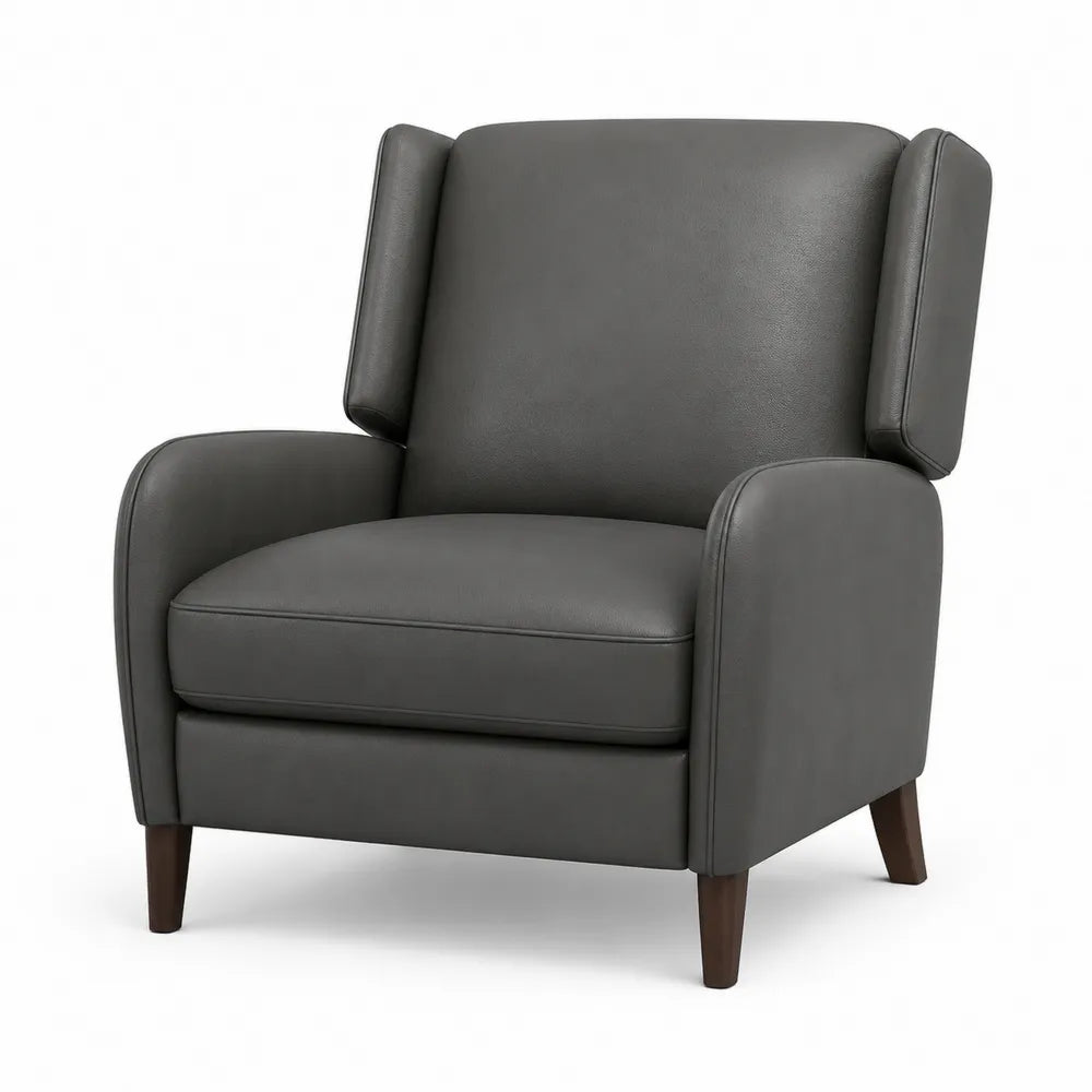 poltrona imbottita con braccioli in similpelle grigio struttura in legno gambe in legno naturale design moderno