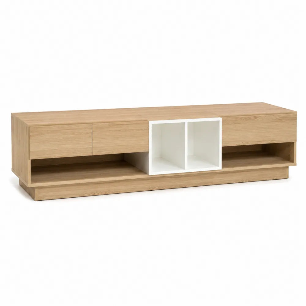 Mobile TV 180 cm rovere e bianco con cassetti e vani aperti struttura in legno 180 x 40 x 45 cm