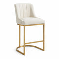 Sgabello da bar 45x50x95 cm imbottito in tessuto beige con struttura in metallo dorato e base a slitta