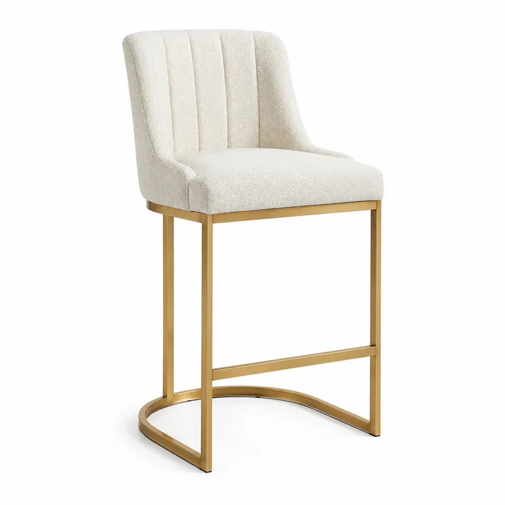 Sgabello da bar 45x50x95 cm imbottito in tessuto beige con struttura in metallo dorato e base a slitta