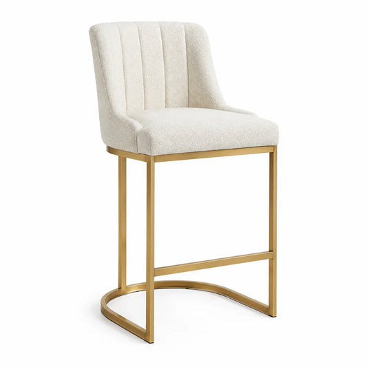 Sgabello da bar 45x50x95 cm imbottito in tessuto beige con struttura in metallo dorato e base a slitta
