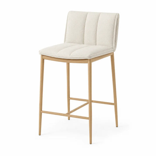 Sgabello da bar 45 cm x 50 cm x 95 cm in legno massello con seduta e schienale imbottiti in tessuto bouclé beige struttura in legno colore naturale