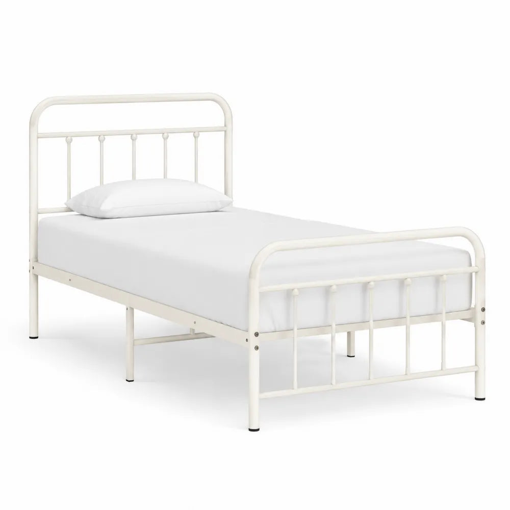 Letto singolo in acciaio verniciato bianco 90x200 cm con rete a doghe in compensato e dettagli neri