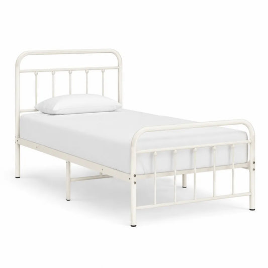 Letto singolo in acciaio verniciato bianco 90x200 cm con rete a doghe in compensato e dettagli neri