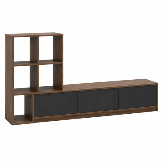 Mobile TV con libreria integrata in MDF e truciolare finitura effetto legno noce e nero 220 cm 35 cm 180 cm