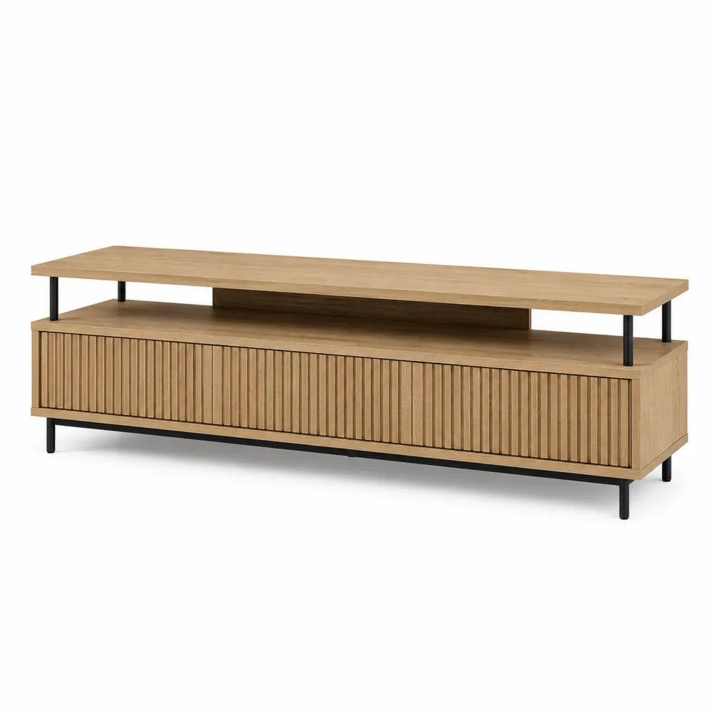 mobile TV con struttura in legno effetto rovere chiaro e metallo nero con ante a doghe 180 cm x 40 cm x 55 cm