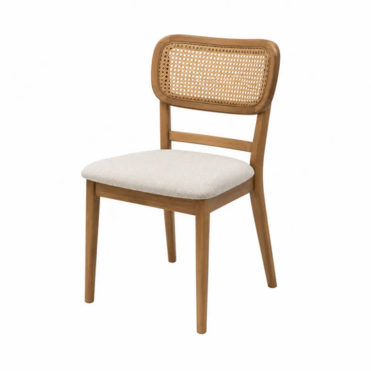 Sedia da soggiorno in legno naturale con schienale in rattan seduta imbottita tessuto beige struttura in legno 50 x 55 x 82 cm