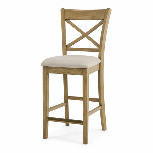 sgabello da bar con schienale incrociato in legno massello di rovere seduta imbottita in tessuto poliestere colore beige 95 cm x 45 cm x 52 cm