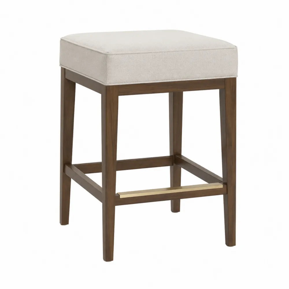 Sgabello da bar 40 cm x 40 cm x 90 cm in legno massello seduta imbottita in tessuto beige con poggiapiedi in metallo finitura oro