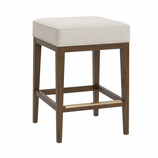 Sgabello da bar 40 cm x 40 cm x 90 cm in legno massello seduta imbottita in tessuto beige con poggiapiedi in metallo finitura oro