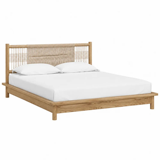 Letto matrimoniale in legno effetto rovere chiaro con testiera in rattan intrecciato 160 x 200 cm struttura con doghe