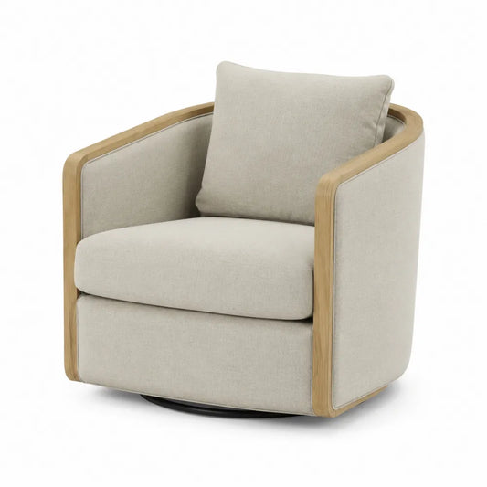 Poltrona girevole 75 cm x 75 cm x 78 cm con braccioli in legno struttura in tessuto beige base in metallo nero