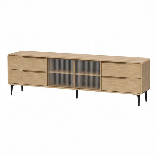 Mobile TV in legno rovere naturale 200 cm con cassetti e ante in vetro rigato struttura metallo nero 200 x 40 x 50 cm