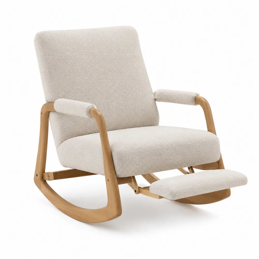 Poltrona a dondolo in legno massello con poggiapiedi imbottito tessuto beige 70 x 85 x 90 cm