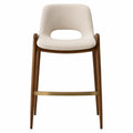 Sgabello da bar con schienale seduta imbottita tessuto poliestere struttura in legno di faggio gambe in legno poggiapiedi in metallo finitura oro 95 cm x 45 cm x 48 cm beige legno naturale oro