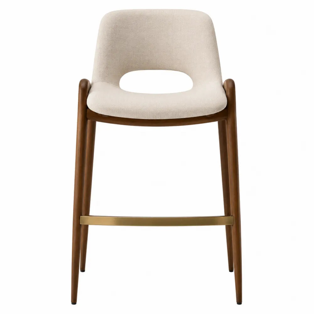 Sgabello da bar con schienale seduta imbottita tessuto poliestere struttura in legno di faggio gambe in legno poggiapiedi in metallo finitura oro 95 cm x 45 cm x 48 cm beige legno naturale oro