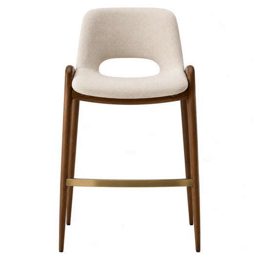 Sgabello da bar con schienale seduta imbottita tessuto poliestere struttura in legno di faggio gambe in legno poggiapiedi in metallo finitura oro 95 cm x 45 cm x 48 cm beige legno naturale oro