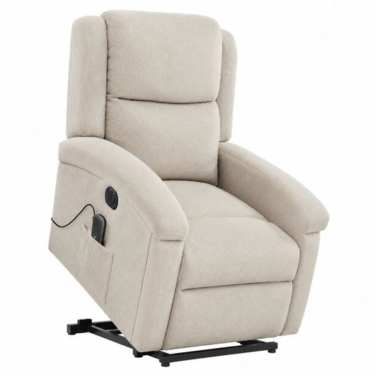 Poltrona relax elettrica reclinabile con funzione alzapersona rivestimento tessuto colore crema struttura in acciaio e legno 82 x 95 x 105 cm