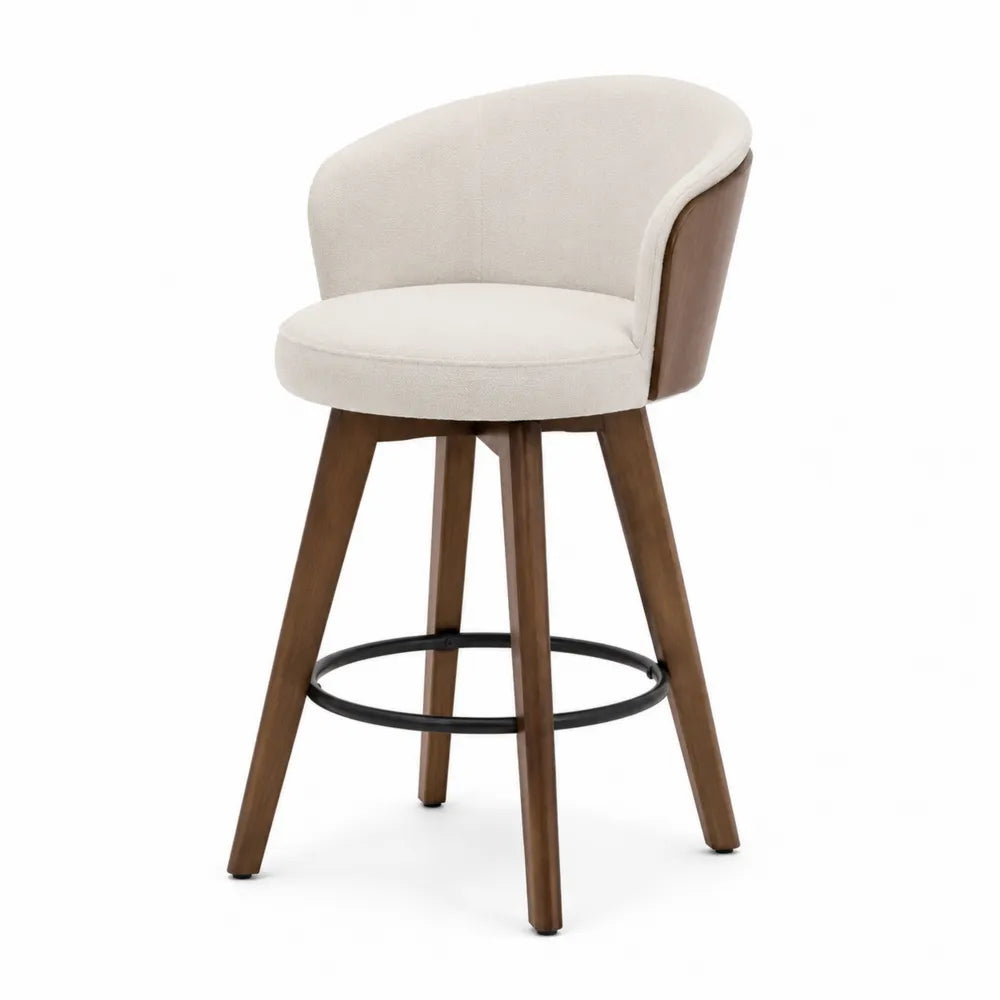 Sgabello da bar con schienale in legno massello seduta imbottita tessuto bouclé beige struttura in legno naturale 95 cm x 45 cm x 50 cm