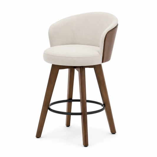 Sgabello da bar con schienale in legno massello seduta imbottita tessuto bouclé beige struttura in legno naturale 95 cm x 45 cm x 50 cm