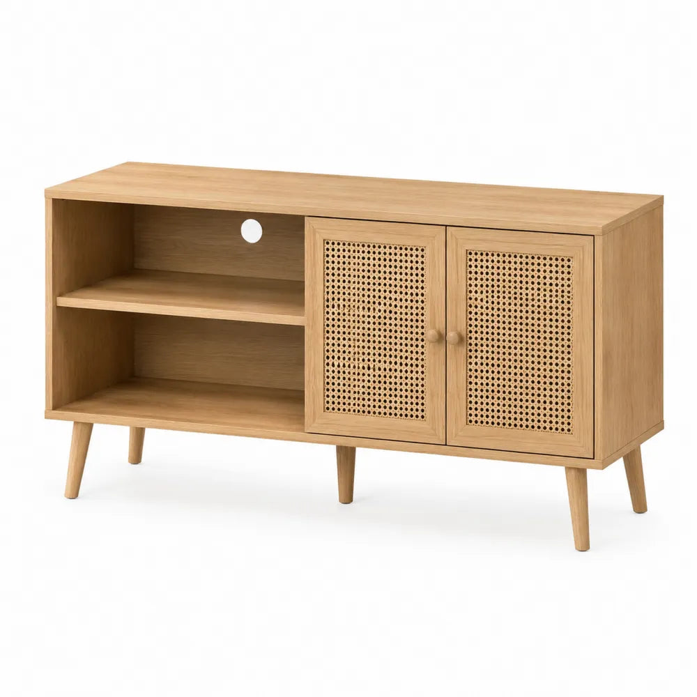 Mobile TV rettangolare in truciolare e MDF con ante in rattan PE rovere chiaro e bianco 140 cm 40 cm 55 cm