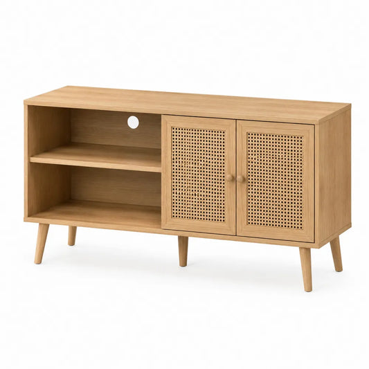 Mobile TV rettangolare in truciolare e MDF con ante in rattan PE rovere chiaro e bianco 140 cm 40 cm 55 cm