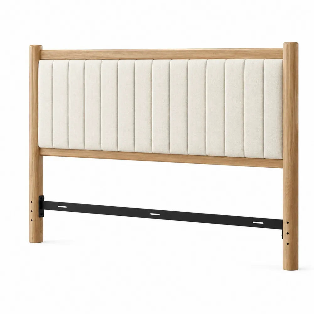 Testiera letto matrimoniale 160 cm in legno naturale con rivestimento imbottito beige e struttura verticale con supporti laterali