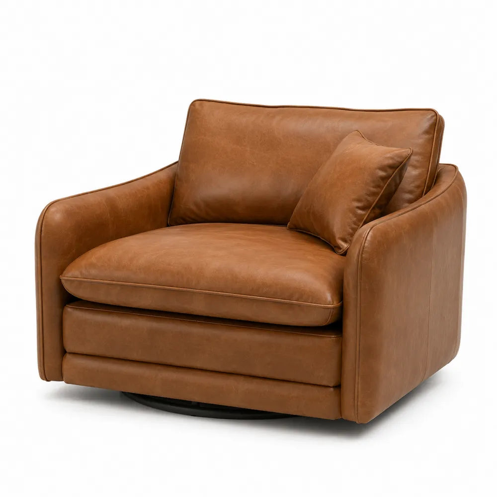 Poltrona girevole in pelle PU marrone con base rotante in acciaio e struttura in legno 95 cm 90 cm 78 cm