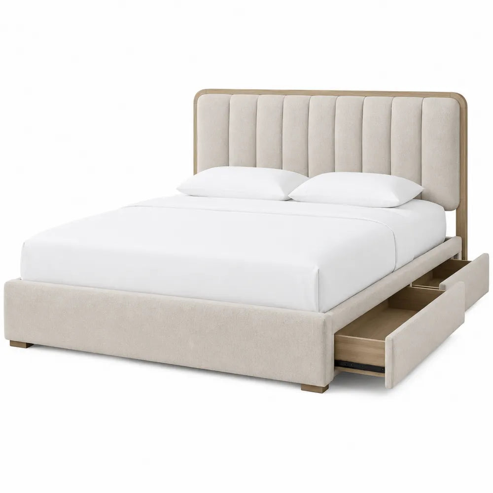 Letto matrimoniale con contenitore 160x200 cm in MDF rivestito in tessuto beige effetto lino con testiera imbottita e cassetti laterali