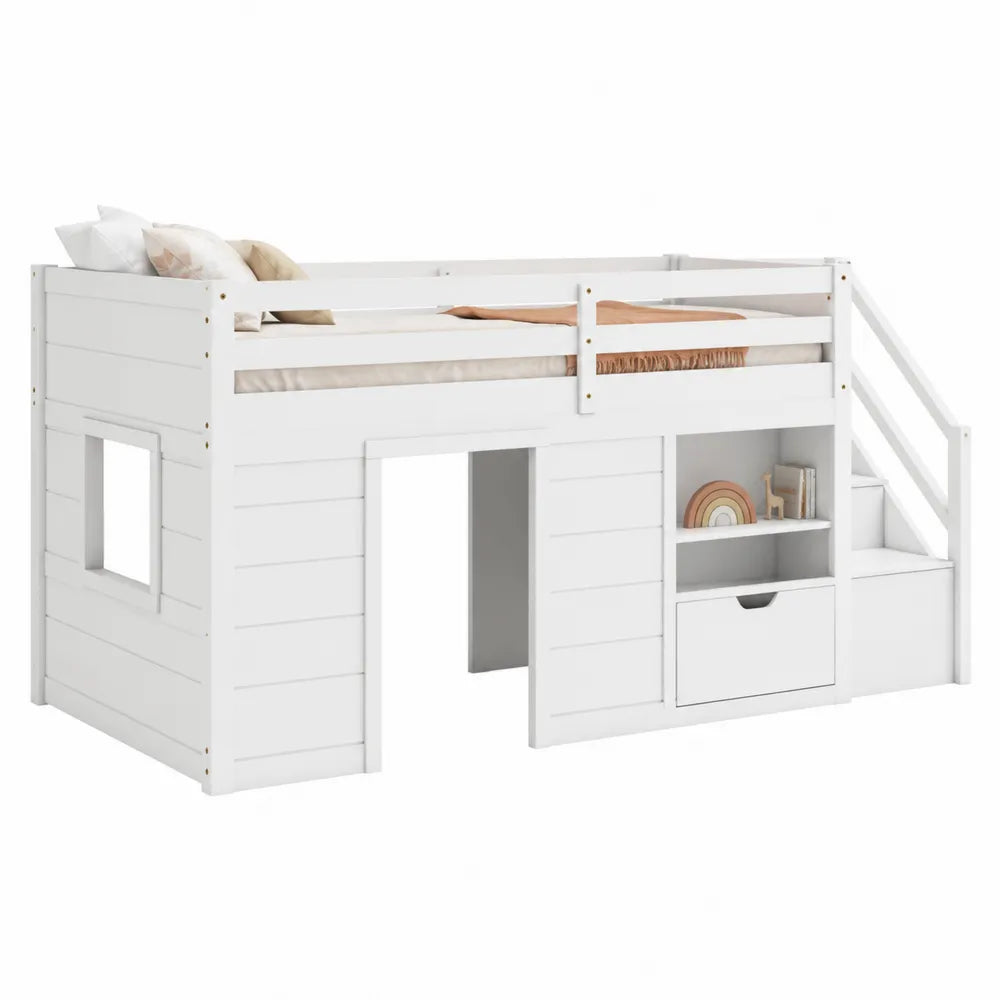 Letto a soppalco 90 x 200 cm in MDF e acciaio bianco con scala contenitore e ripiani integrati
