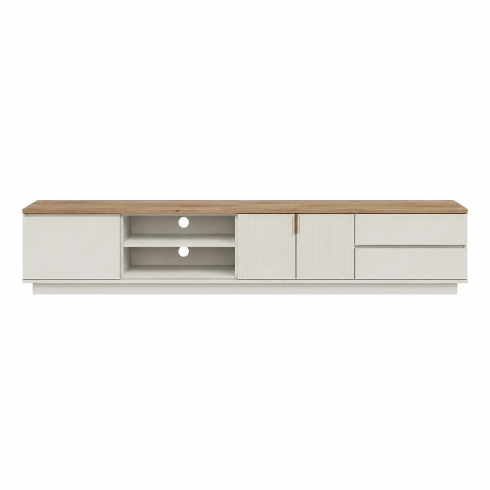 Mobile TV da soggiorno 180 cm struttura in pannello melaminico bianco piano effetto rovere ante cassetti e vani aperti 180 cm 40 cm 45 cm