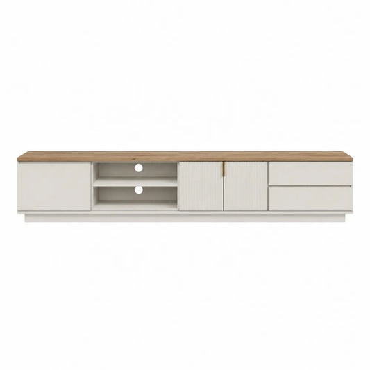 Mobile TV da soggiorno 180 cm struttura in pannello melaminico bianco piano effetto rovere ante cassetti e vani aperti 180 cm 40 cm 45 cm