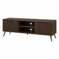 Mobile TV effetto noce scuro con ante scorrevoli a doghe e vano centrale aperto 180 x 40 x 50 cm struttura in MDF gambe in metallo nero