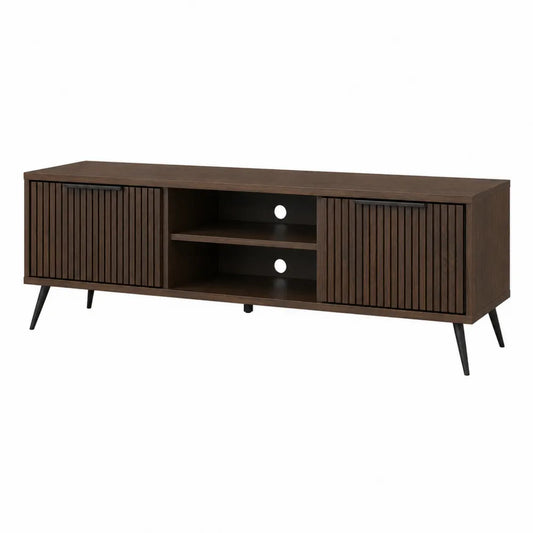 Mobile TV effetto noce scuro con ante scorrevoli a doghe e vano centrale aperto 180 x 40 x 50 cm struttura in MDF gambe in metallo nero