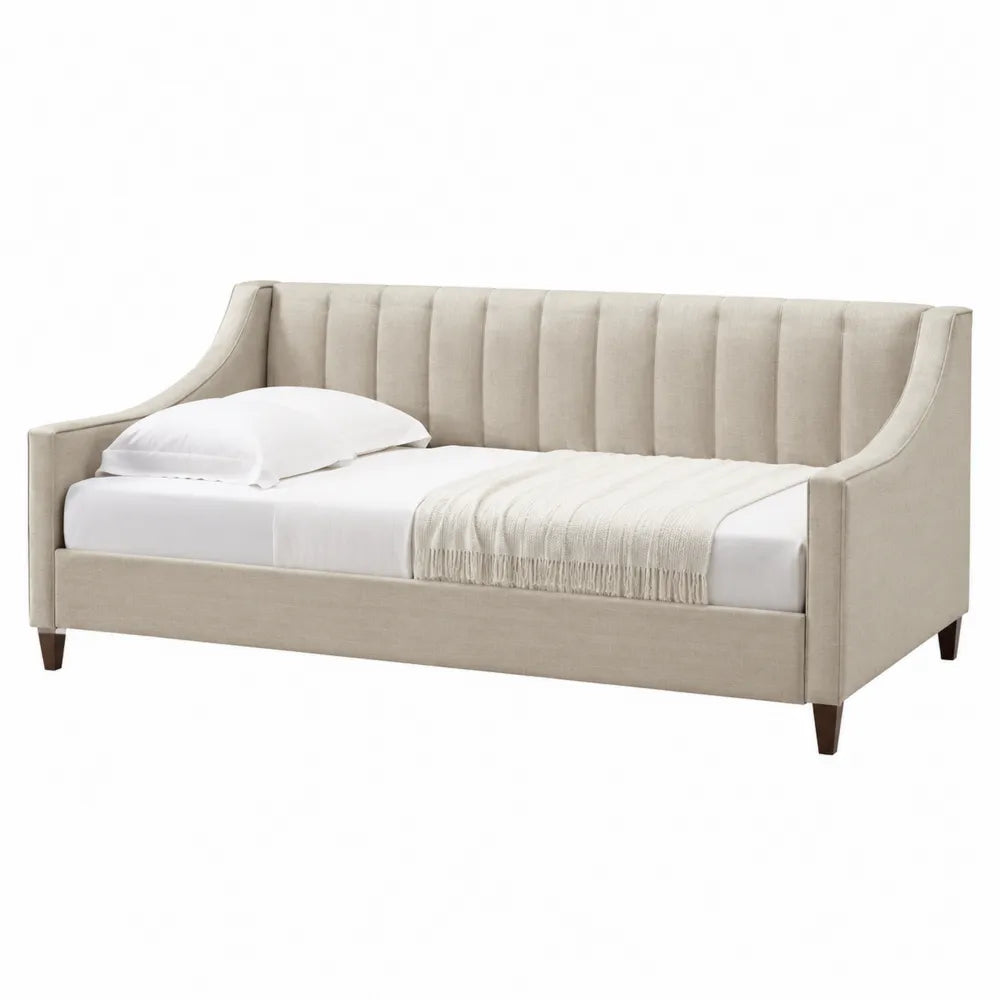 Letto divano 90 x 200 cm in legno MDF e legno massello con schienale imbottito e braccioli colore beige