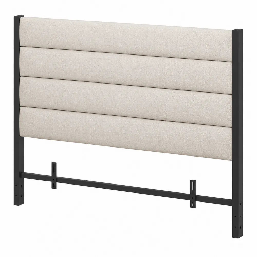 Testiera letto imbottita 160 cm in tessuto beige con struttura in metallo nero e pannelli orizzontali