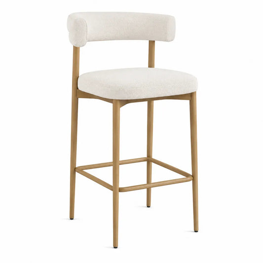 Sgabello da bar con schienale imbottito tessuto bouclé struttura in legno massello gambe in legno poggiapiedi in metallo dorato 95 cm x 45 cm x 50 cm beige legno naturale oro