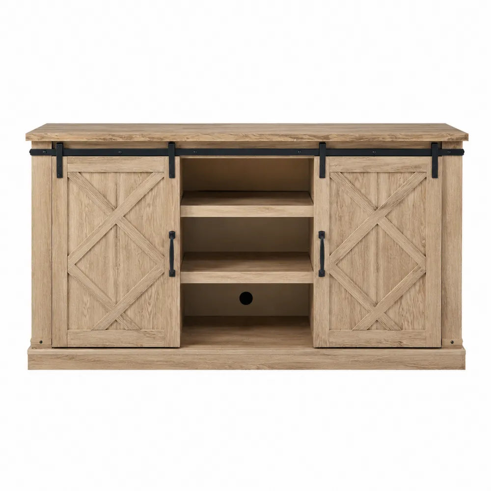 Mobile TV 160 cm legno naturale con ante scorrevoli a croce e vano centrale aperto struttura in MDF gambe in metallo nero 160 x 40 x 60 cm