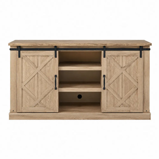 Mobile TV 160 cm legno naturale con ante scorrevoli a croce e vano centrale aperto struttura in MDF gambe in metallo nero 160 x 40 x 60 cm