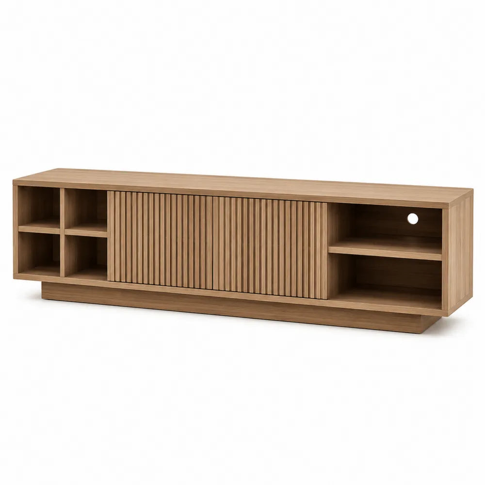 Mobile TV in legno rovere naturale 180 cm con ante scorrevoli a doghe e vani aperti struttura in MDF 180 x 40 x 50 cm