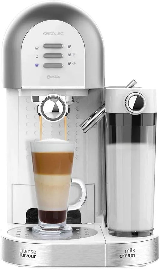 Cecotec Macchina da caffè, 1,7 L, 1470 W, ampio serbatoio, bianco, 20 barrette, serbatoio per latte 0,7 ml, serbatoio per acqua 1,7 litri