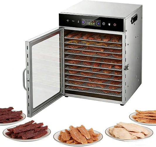 Asciugatrice 12trays, 30 a 90 °C, timer, professionale, acciaio inox, Timer 24 Ore, circolazione 360°, LED