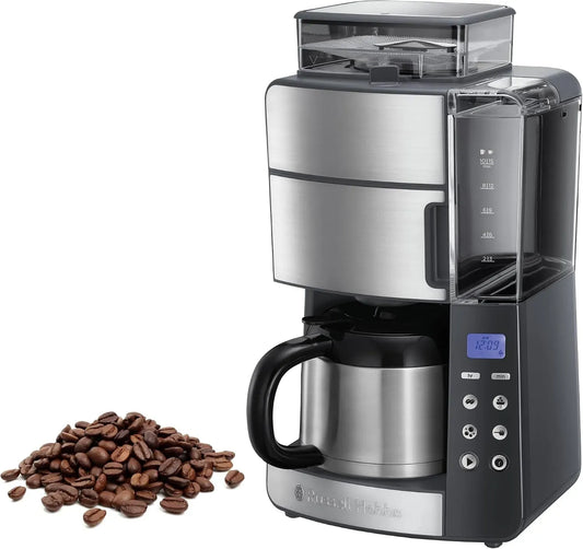 Russell Hobbs Filtro, macinino per chicchi di caffè, macchina da caffè elettrica, 10 tazze, timer, 3 livelli, per Estrazione e Aroma ottimali