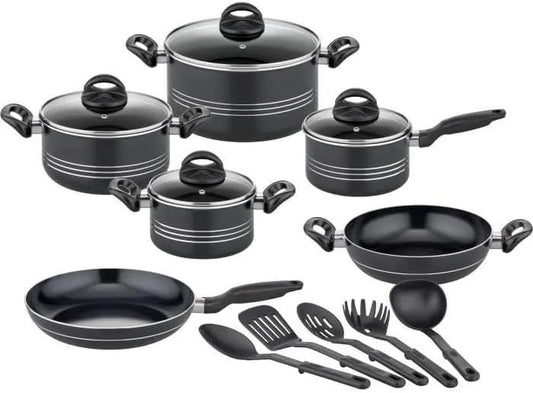 Set di pentole Milano nero, di alta qualità per induzione, per pentole con coperchio in vetro e utensili da cucina, 15 pezzi, ceramica e gas